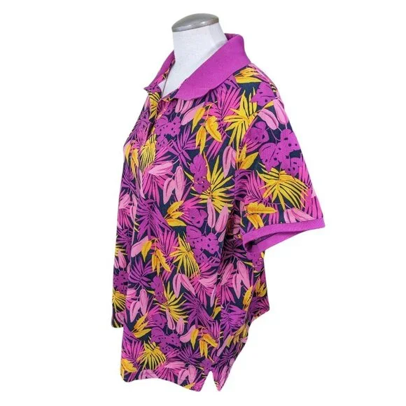 Lands End Womens Cotton Mesh Polo Shirt 2X Fuchsia Tropical Floral Short Sleeve - Picture 4 of 7